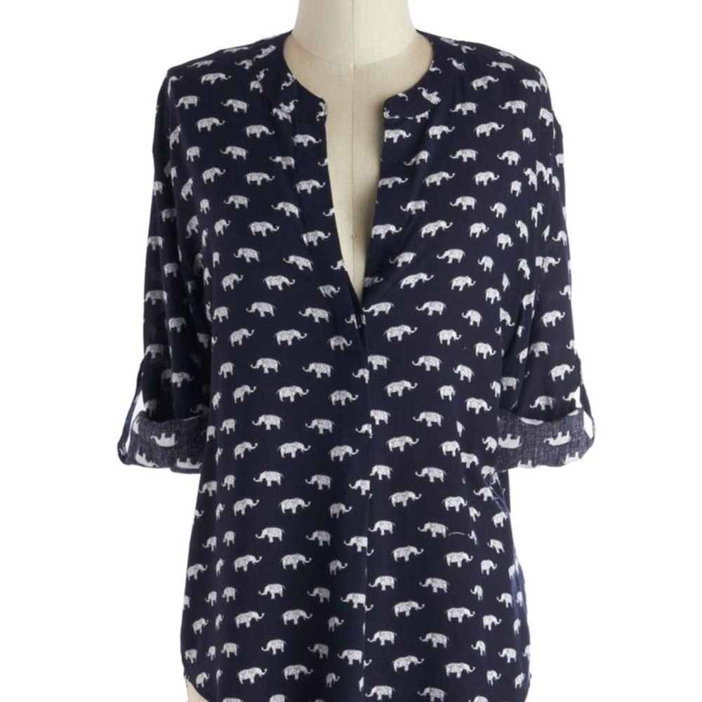 ModCloth Fun2Fun Elephant print blue blouse